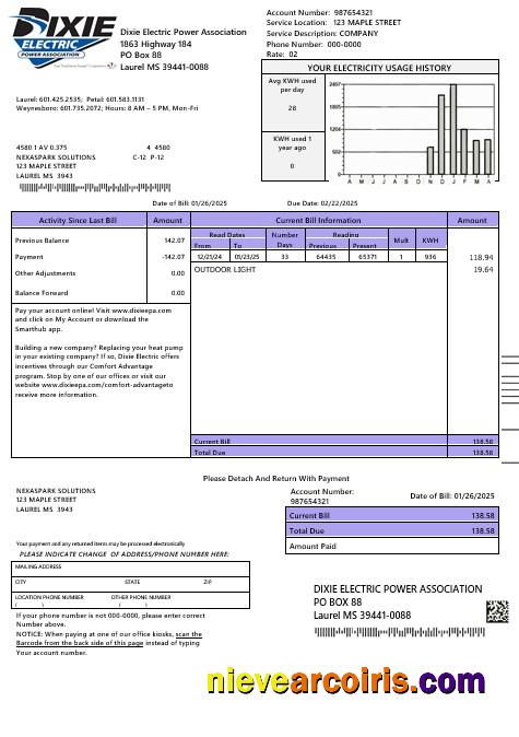 USA Mississipi Dixie Electric business utility bill